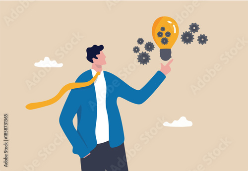 Innovation idea, creativity or imagination for business success, smart businessman presenting innovative lightbulb with cogs and gears to invent new technology to solve business problem