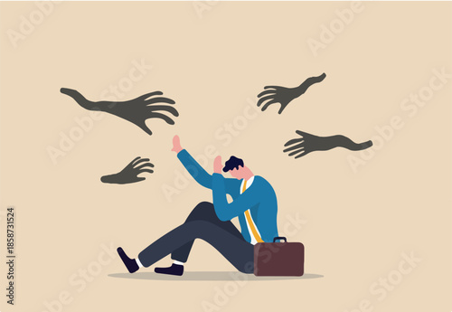 Fear or afraid of failure, struggle or shackle, feeling depressed or disorder, phobia, anxiety or stressed burnout or negative thinking concept, fearful businessman sitting with evil hand threaten.
