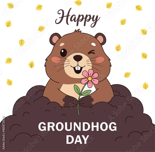Happy groundhog day celebration card: cute winking marmot holding flower illustration
