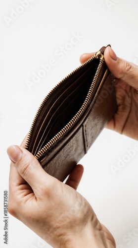 Hands holding an empty wallet against white background