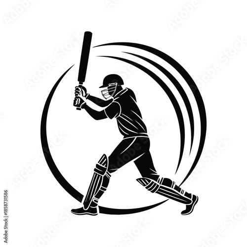 Dynamic cricket batsman silhouette in powerful batting motion, modern black and white sports vector illustration, professional player action pose isolated on clean white background for stock use