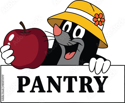 Cheerful cartoon mole holding red apple with pantry sign illustration