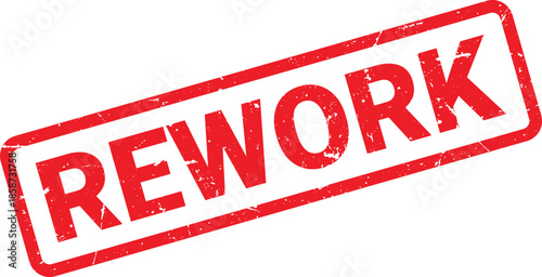 Grunge Red Rework Rubber Stamp Impression on White Background, Slightly Angled for Visibility