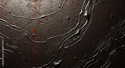 Dark heavily textured rusty metal surface with flowing silver liquid lines and small circular rivets
