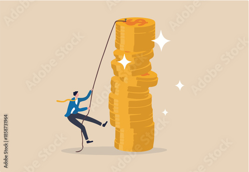 Financial goal, income, salary and career path, investor risk to make profit or savings to reach financial independence concept, businessman trying hard climbing rope to reach top of money coins stack