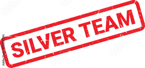 Red Silver Team Stamp on White Background Distressed Rectangular Rubber Stamp Design with Grainy Texture