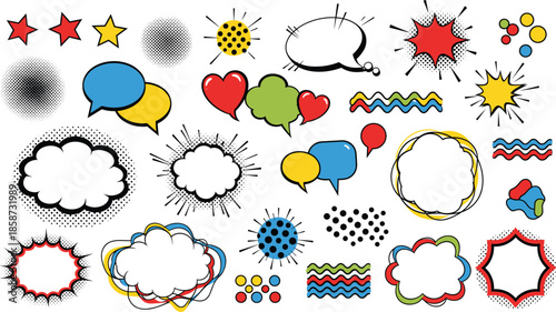 Comic-style vector elements with speech bubbles, bursts, hearts, stars, and halftone effects for pop art design and storytelling.