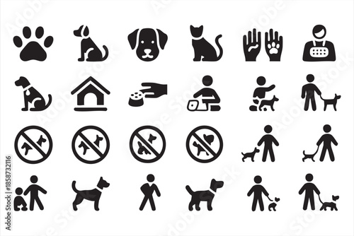 Dog Policy and Pet Control Icons for Municipal Signs, Service Guides