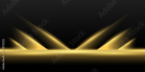 Luxury black stage background with golden spotlights for luxury product display, premium award ceremony backdrop, and elegant cinematic presentation design