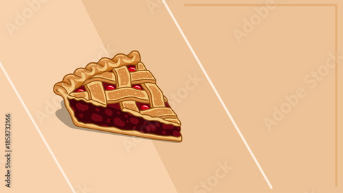 A slice of cherry pie with a dark red cherry filling on a classic golden brown background. Suitable for Menu Graphics or Bakery background. National Pie Day, January 23rd