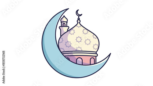 Elegant night scene illustration of a glowing mosque lamp resting on a crescent moon with soft pastel sky background
