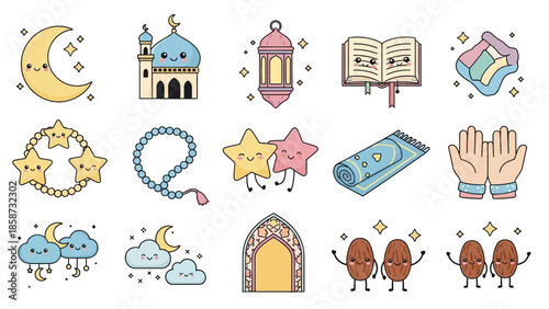 Illustration of Islamic worship items including prayer rug tasbih mosque icon and praying hands on clean white background