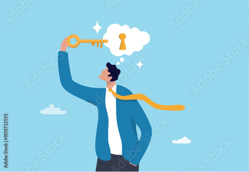 Unlock potential, discover key to solution solving problem, open mindset for new opportunity, think to develop idea, achievement or freedom concept, businessman put key to keyhole in thought bubble.