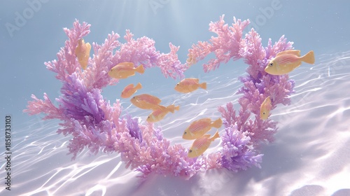 Heart made of coral and fish swimming around it