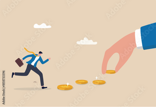 Follow the money, chasing for investment yield, profit or earning, change job for better salary or wages, greed or investing opportunity concept, greedy businessman running to grab money coin trail.