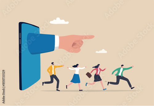 Thought leadership, influencer or key opinion leader, KOL, social marketing for advertising campaign lead or influence by expert person concept, hand pointing from mobile with people follow the way.