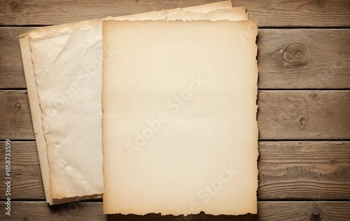 Stack of old, blank, textured vintage papers with worn edges, providing ample copy space, resting on a rustic wooden table featuring prominent wood grain and knots, viewed from above.