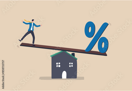 Mortgage payment, house loan interest rate or balance between income and debt or loan payment, financial risk concept, businessman trying to balance with mortgage interest rate percentage on the house
