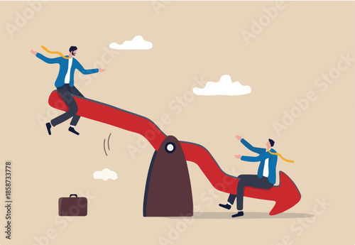 Stock market plunge, cryptocurrency or forex trading price decline, bear market concept, businessman sitting on seesaw red arrow pointing down as investment loss