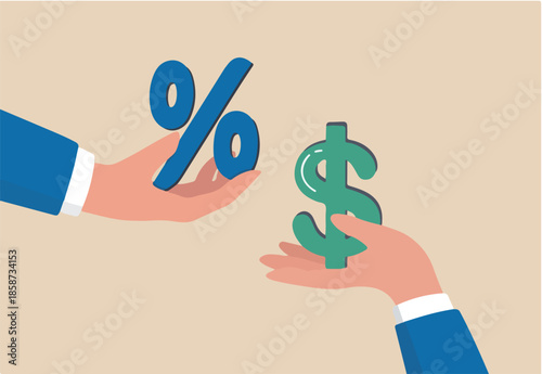 Investment profit earnings, interest rate or dividends percentage, offer discount or sale, income tax or make money concept, businessman hand offer percentage sign with other giving dollar money