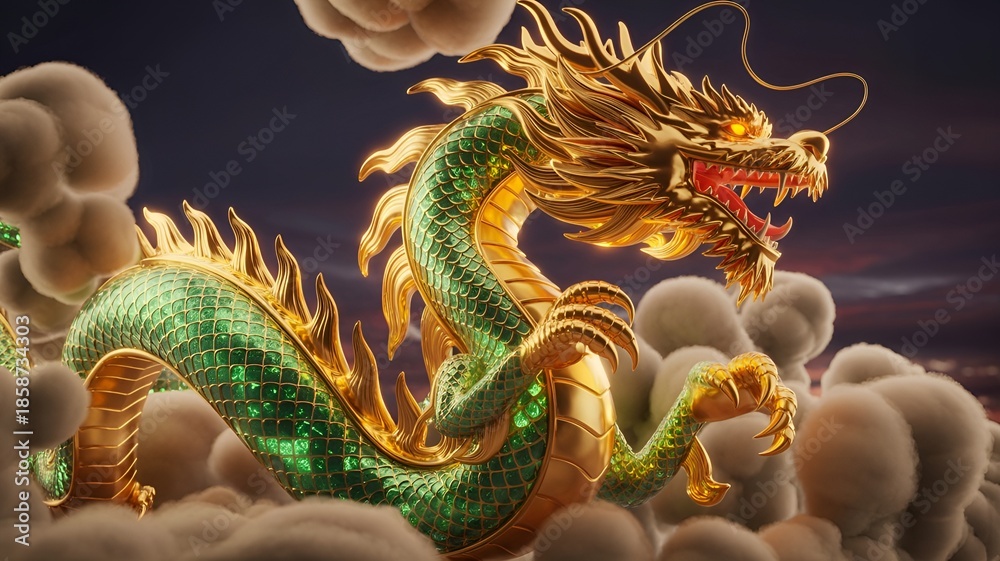 Fototapeta premium A majestic dragon with intricate details and a vibrant golden hue against a mystical cloudy sky.