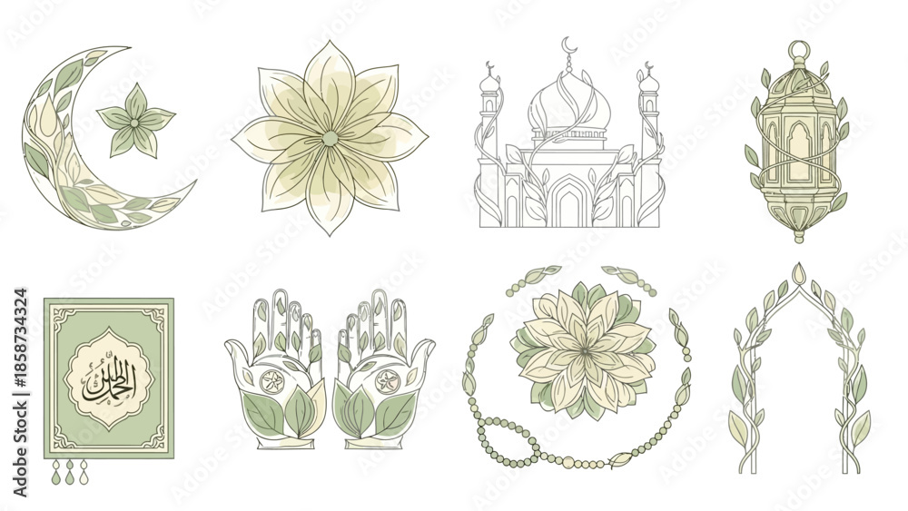 Naklejka premium Islamic decorative elements collection featuring crescent mosque ornaments and spiritual cultural symbols.