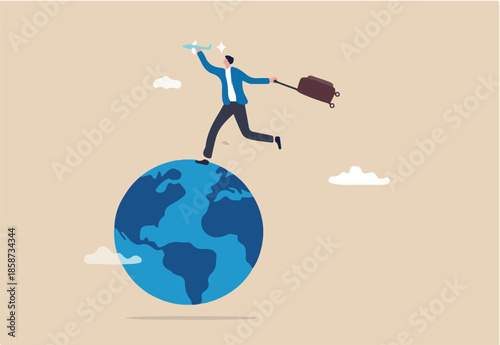 Travel passion when the world open after COVID-19, global tourism growth and tourist return their travel plan concept, happy man holding airplane and vacation baggage running on world map globe