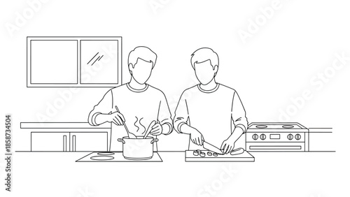 Two faceless men cook in a kitchen, one stirring a pot, the other chopping vegetables