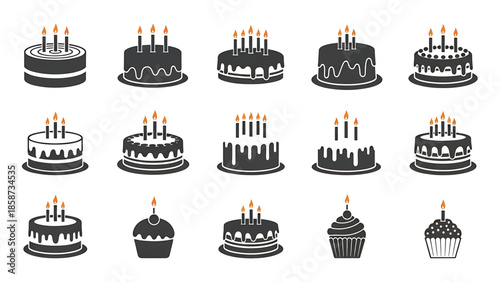 A collection of black and white birthday cakes and cupcakes with orange candle flames, on white
