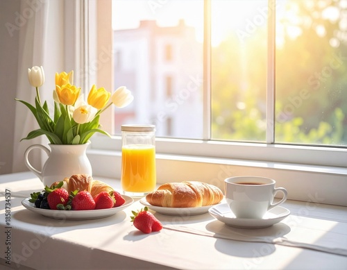 Wallpaper Mural morning breakfast with croissant, coffee and fresh fruits in sunlight. Torontodigital.ca