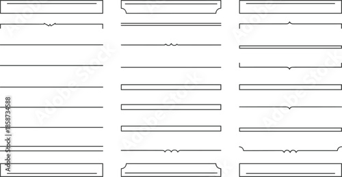 Decorative line and border style set with curls, zigzags, boxes, and straight lines for graphic and document design.