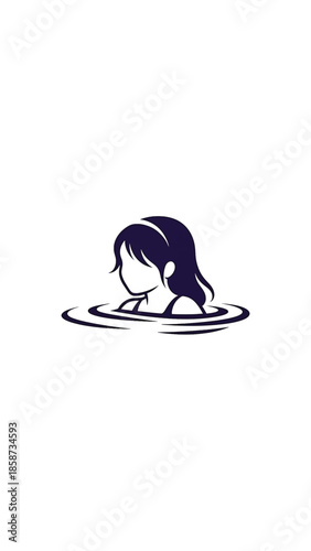 A minimalist graphic of a woman with dark hair swimming, depicted from the shoulders up in water