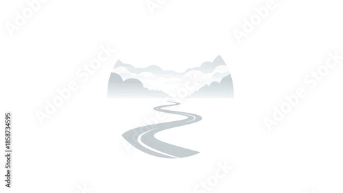 A minimalist vector illustration features a winding road leading towards distant layered mountains under a clear sky