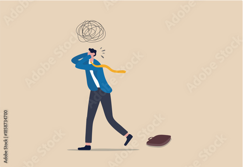 Stress at work, exhausted from overworked and too many problems or frustrated and paranoia office worker concept, hopelessness frustrated businessman employee with anxiety busy line over his head