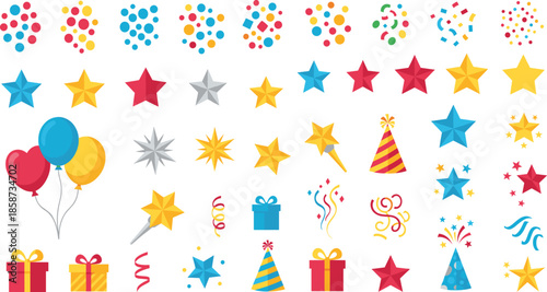 Festive celebration icons with balloons, confetti, stars, party hats, gifts, and fireworks for invitations, decorations, and design projects.