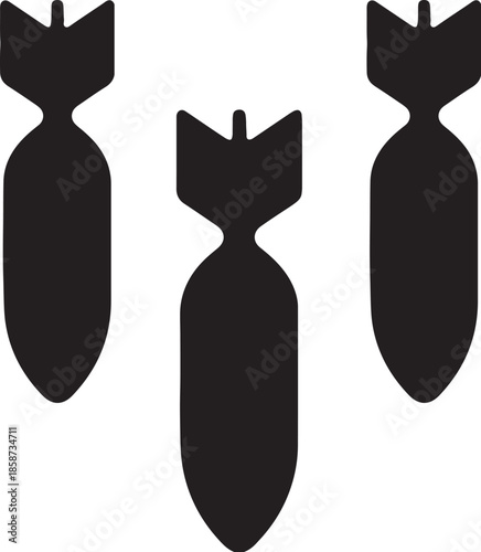 Three black bomb silhouettes simple vector illustration representing danger or conflict isolated on a white background