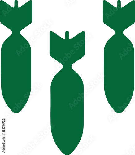 Three green bomb icons representing danger or military action isolated on a white background for graphic design