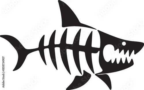 Black shark skeleton silhouette a menacing predator with sharp teeth isolated on a white background perfect for marine life or danger concepts