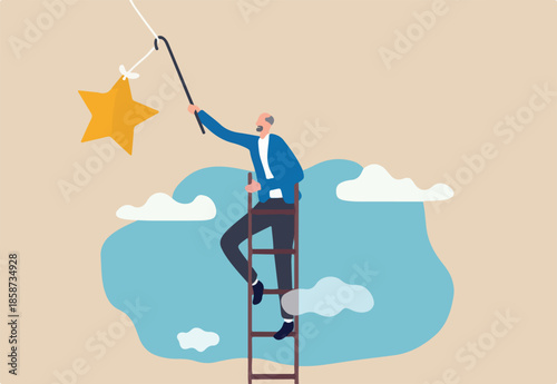 Retirement pension fund target, financial planning for retiree or success retirement life concept, elderly senior retired man climbing up ladder to the top high into the sky to grab the star.