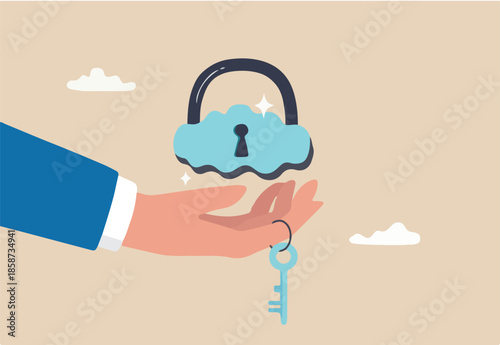 Cloud security system to protect information for remote work, secure shield technology fore safety access online company server, businessman hand holding floating cloud padlock with security key.