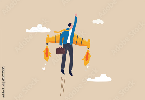 Ambition or aspiration to success in work, career growth or boost business development, entrepreneur launch new startup project concept, happy businessman flying high with jetpack rocket booster.