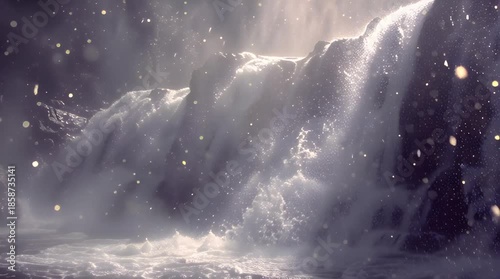 Ethereal Forest Waterfall with Magical Glowing Dust and Soft Sunlight