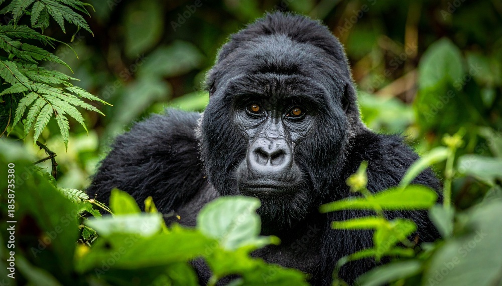 Obraz premium Gorilla close-up in tropical forest showcasing expressive gaze and rich habitat detail for wildlife conservation themes
