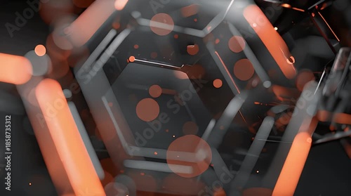 Futuristic Dark Hexagonal Grid with Glowing Orange Energy and Bokeh