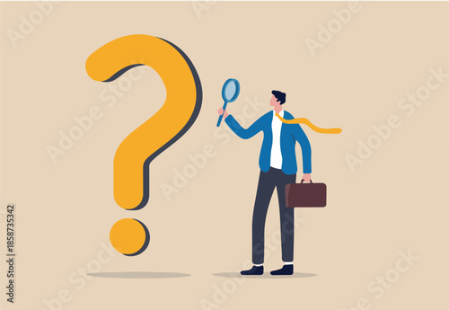 Problem and root cause analysis, research and leadership skill to find solution or answer for business problem concept, smart businessman analyst using magnifying glass to analyze question mark sign