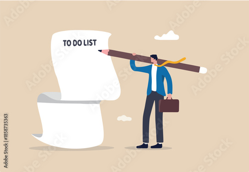 Long to do list, overload tasks and responsibility or productivity and efficiency management concept, smart confident businessman carrying big pencil thinking to write many to do list on long paper.