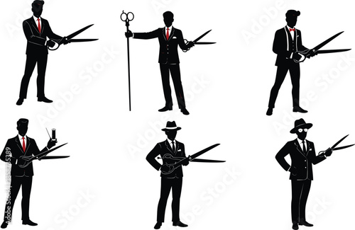 Scissors man silhouette, suit and tie, surreal gesture, tailoring concept, vector art, black icon, symbolic pose, cartoon style, character design