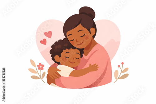 Flat design illustration of parent and child hugging for Valentine’s Day, family love concept, soft elegant tones, white background