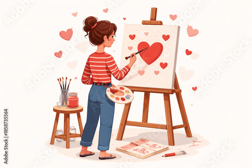 Flat illustration of artist painting hearts on canvas for Valentine’s Day, creative passion concept, minimal white background, refined 
