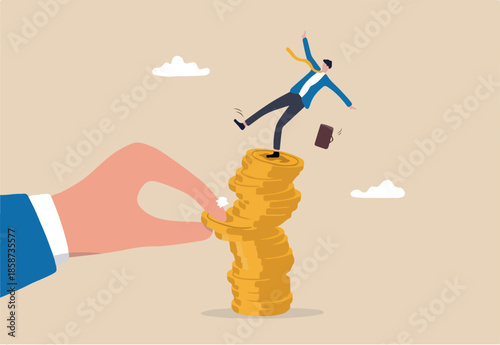 Investment risk from stock market crash, pull money or liquidity back, market volatility, unstable and uncertainty concept, giant hand pull back money from coin stack causing investor to fall down